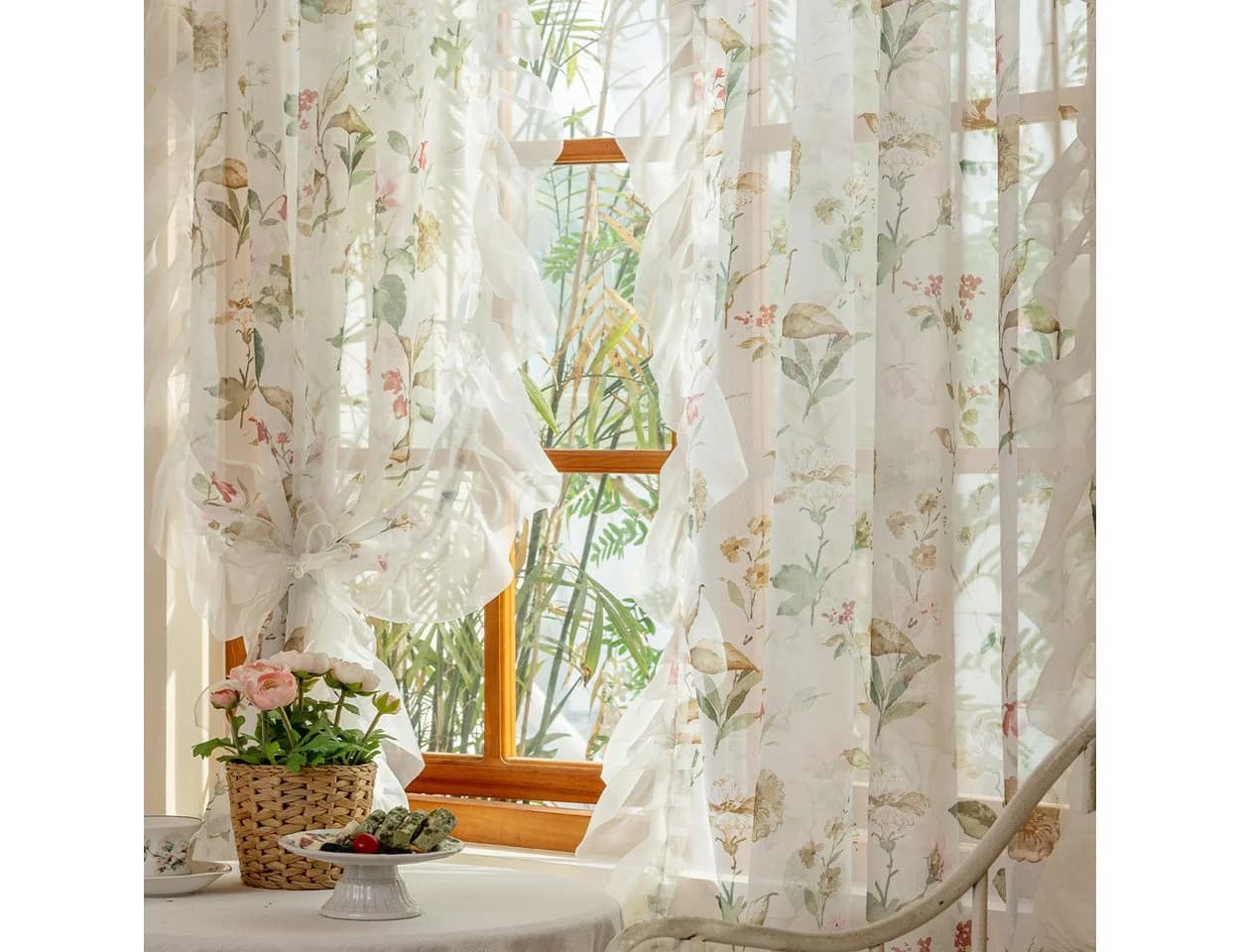 Agger Gardine Kamelien-Blumenmuster Transparent Rüschenvolant 2er Set