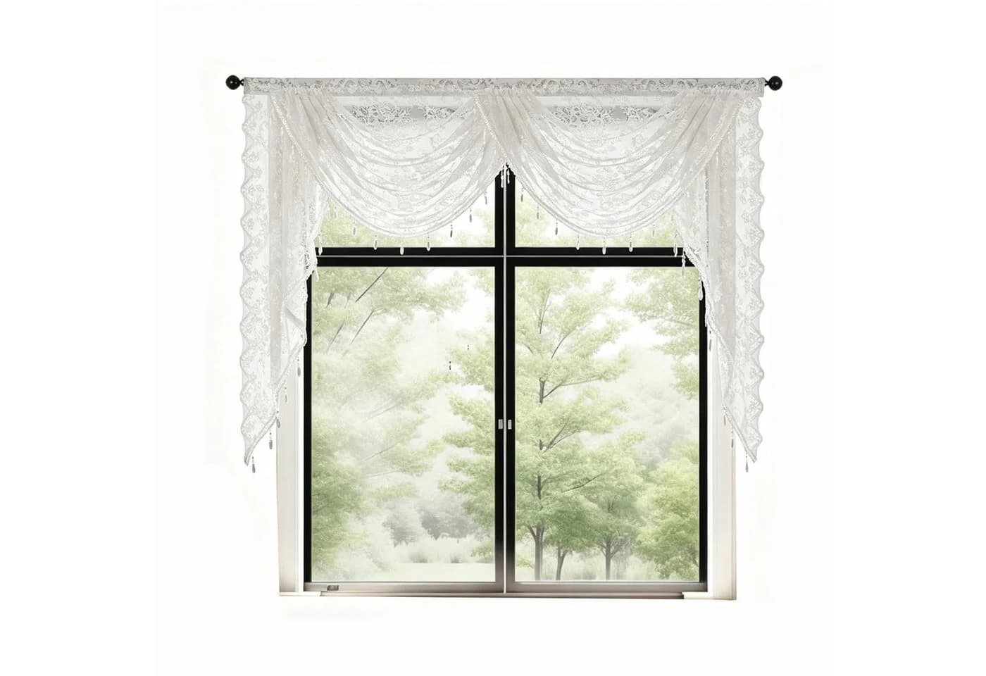 Zyronn Vorhang Halbtransparente Spitzen-Fensterdekoration mit Perlenquasten - Bild 2