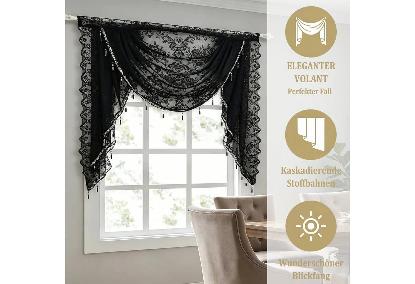 Zyronn Vorhang Halbtransparente Spitze mit Perlenquasten Blumenmuster