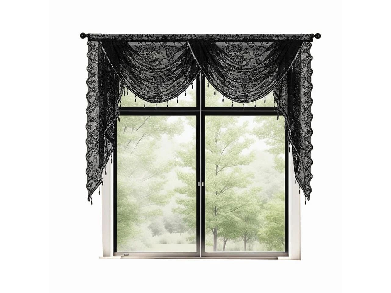 Zyronn Vorhang Halbtransparente Spitze mit Perlenquasten Blumenmuster - Bild 2