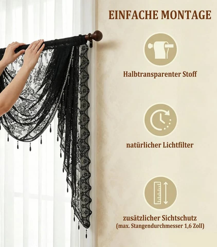 Zyronn Vorhang Halbtransparente Spitze mit Perlenquasten Blumenmuster - Bild 4