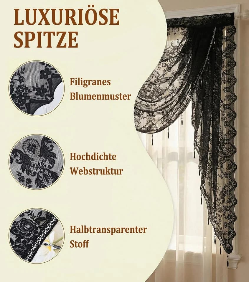 Zyronn Vorhang Halbtransparente Spitze mit Perlenquasten Blumenmuster - Bild 5