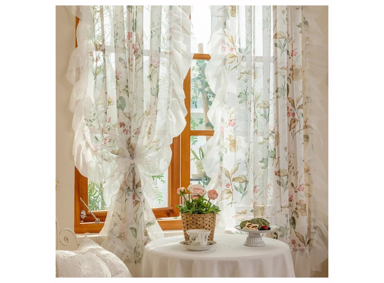 Diwzbyn Vorhang Kamelien-Blumenmuster Transparente Gardine mit Rüschenvolant - Bild 2
