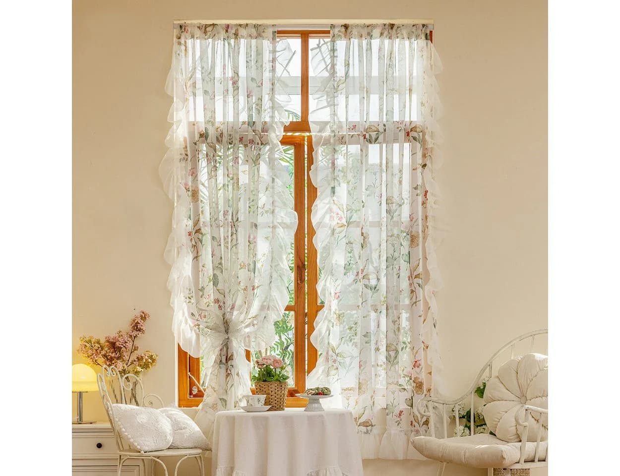 Diwzbyn Vorhang Kamelien-Blumenmuster Transparente Gardine mit Rüschenvolant - Bild 3