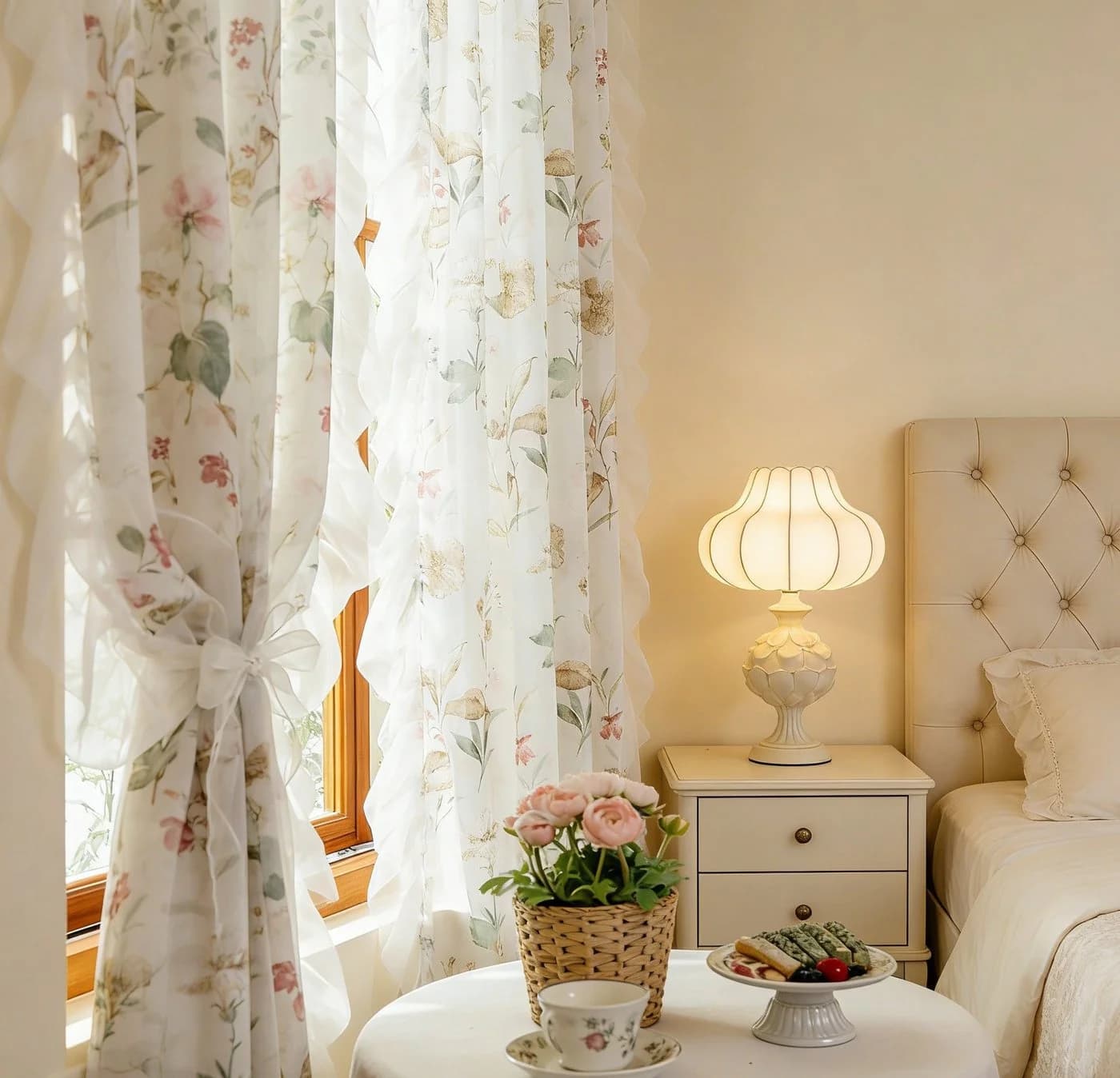 Diwzbyn Vorhang Kamelien-Blumenmuster Transparente Gardine mit Rüschenvolant - Bild 4