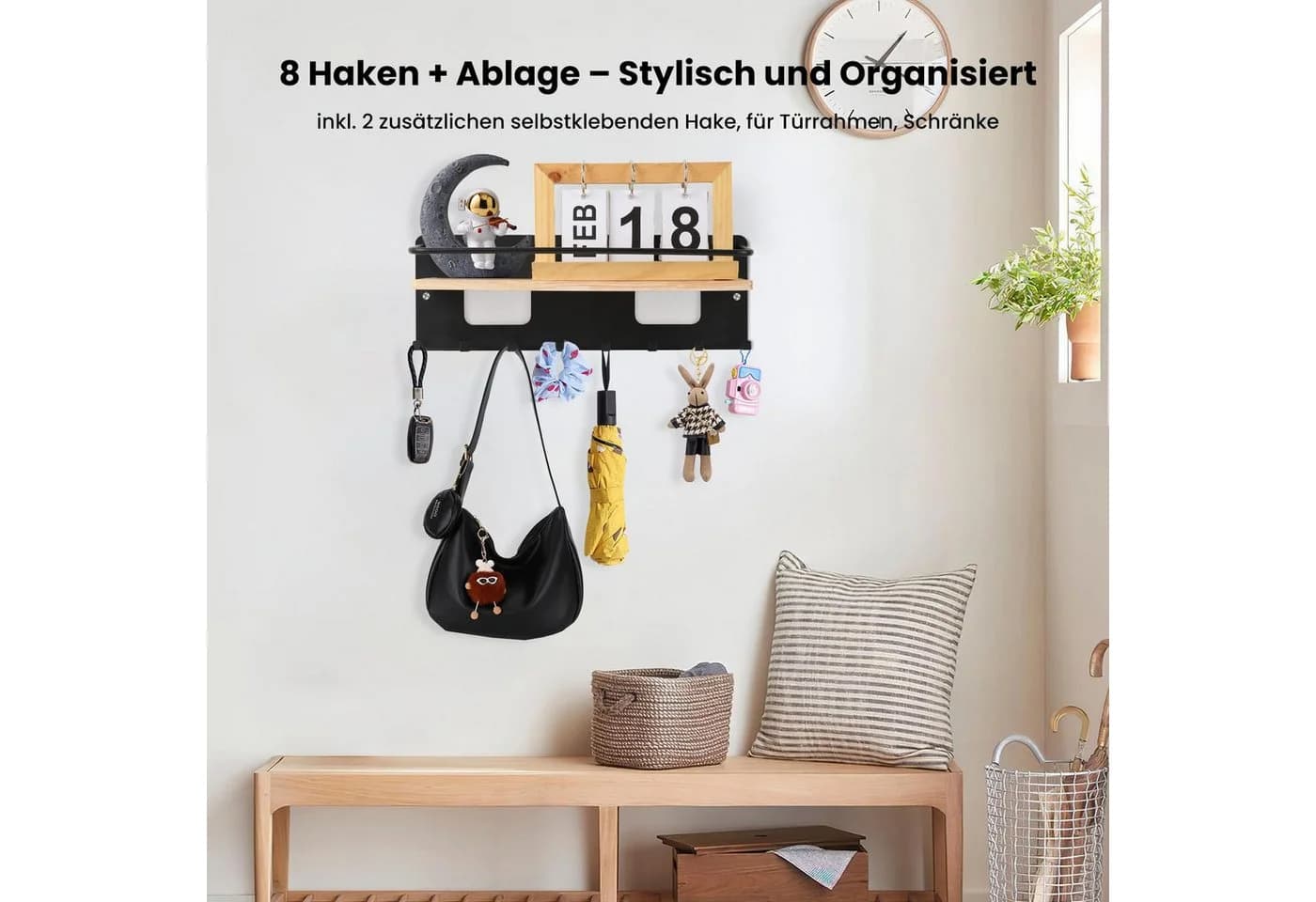 Diwzbyn Schlüsselbrett Wandmontiert Holz mit Ablage und 8 Haken Weiß