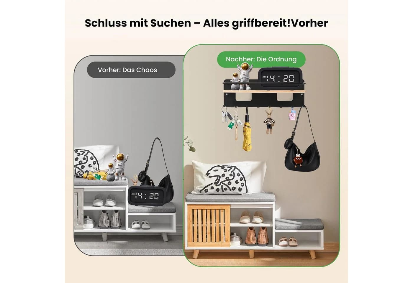 Diwzbyn Schlüsselbrett Wandmontiert Holz mit Ablage und 8 Haken Weiß - Bild 3