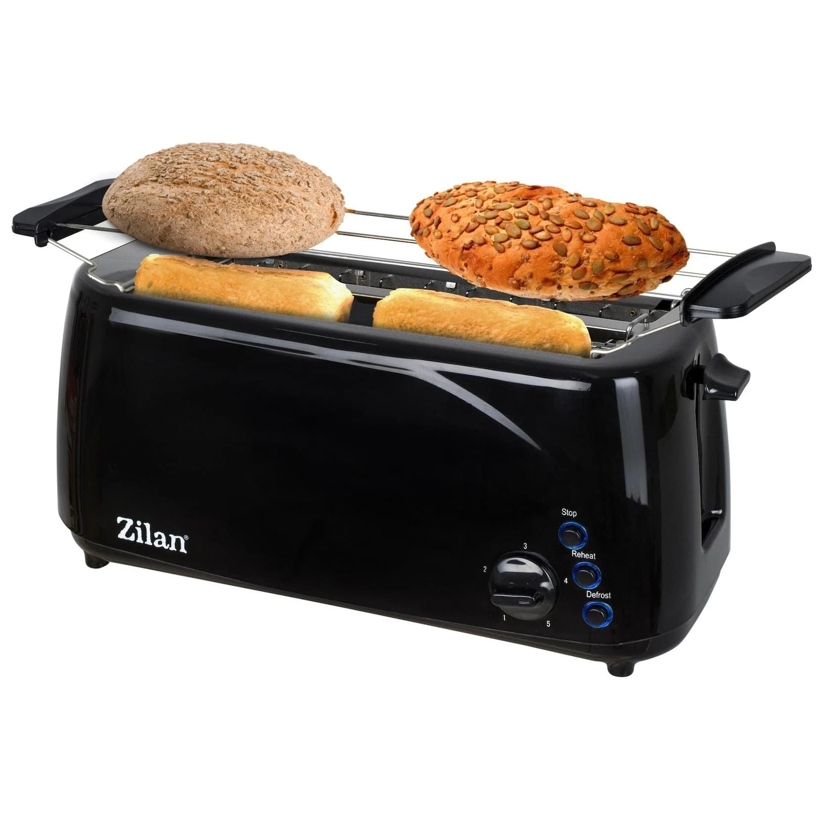 Zilan Langschlitz Toaster 4 Scheiben 1400W Brötchenaufsatz Schwarz