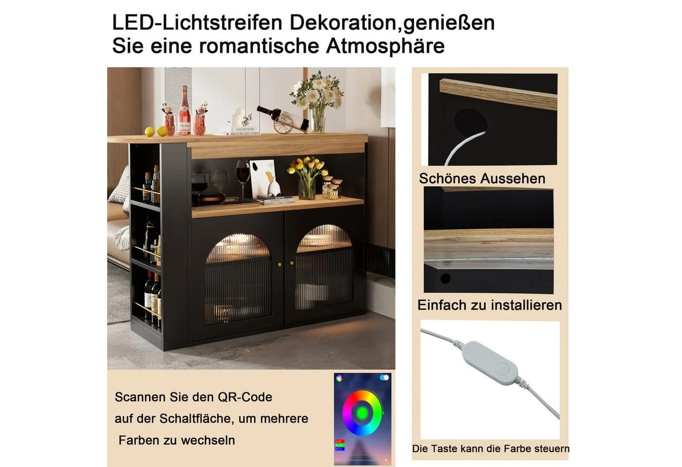i@home Ausziehbarer Bartisch mit LED-Beleuchtung und Stauraum Schwarz
