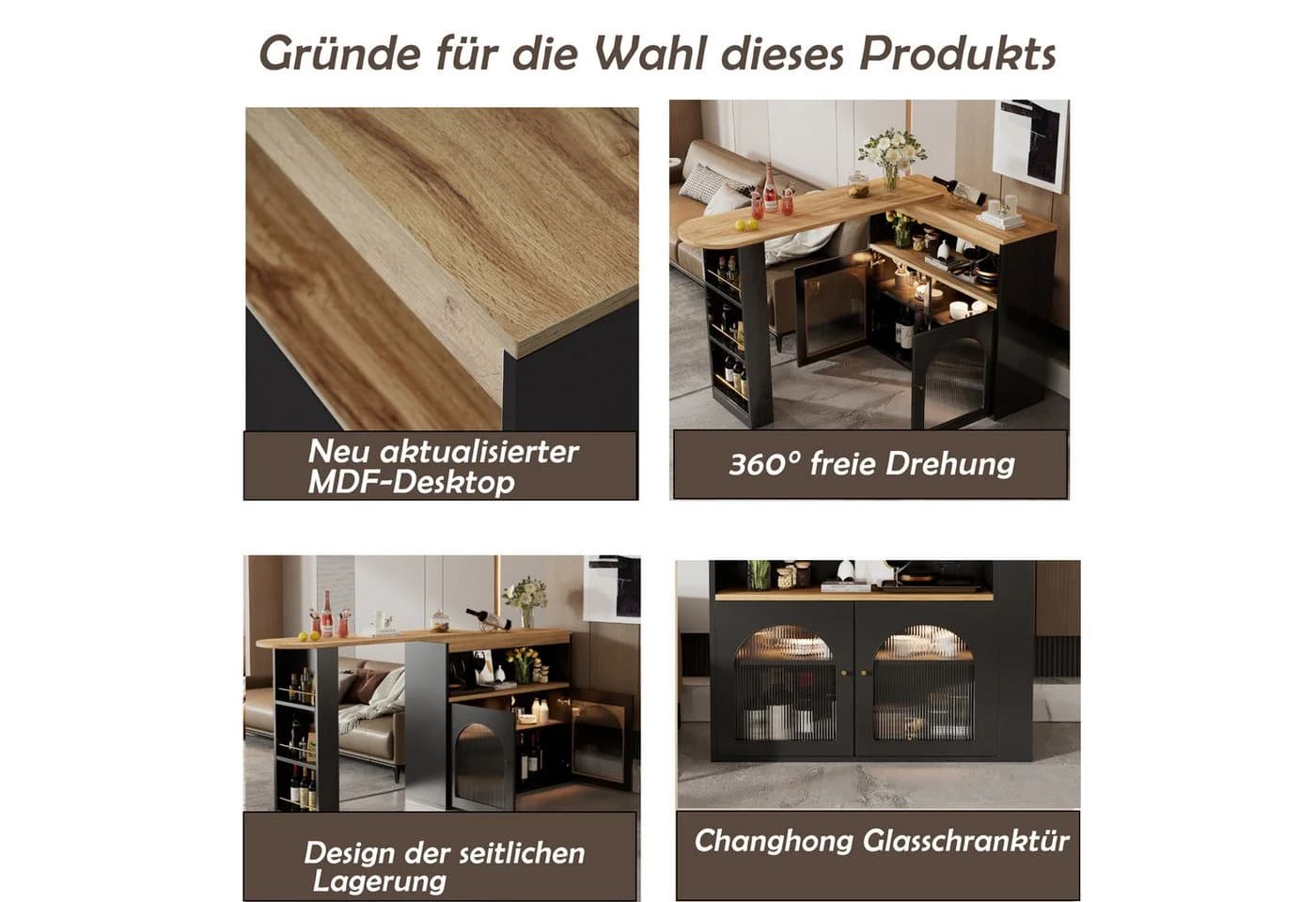 i@home Ausziehbarer Bartisch mit LED-Beleuchtung und Stauraum Schwarz - Bild 4
