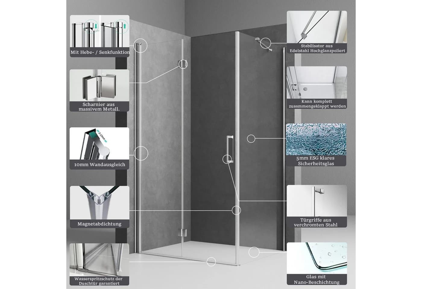 Boromal Eckdusche mit Drehfalttür und Seitenwand, ESG Glas, Nano-Beschichtung - Bild 3
