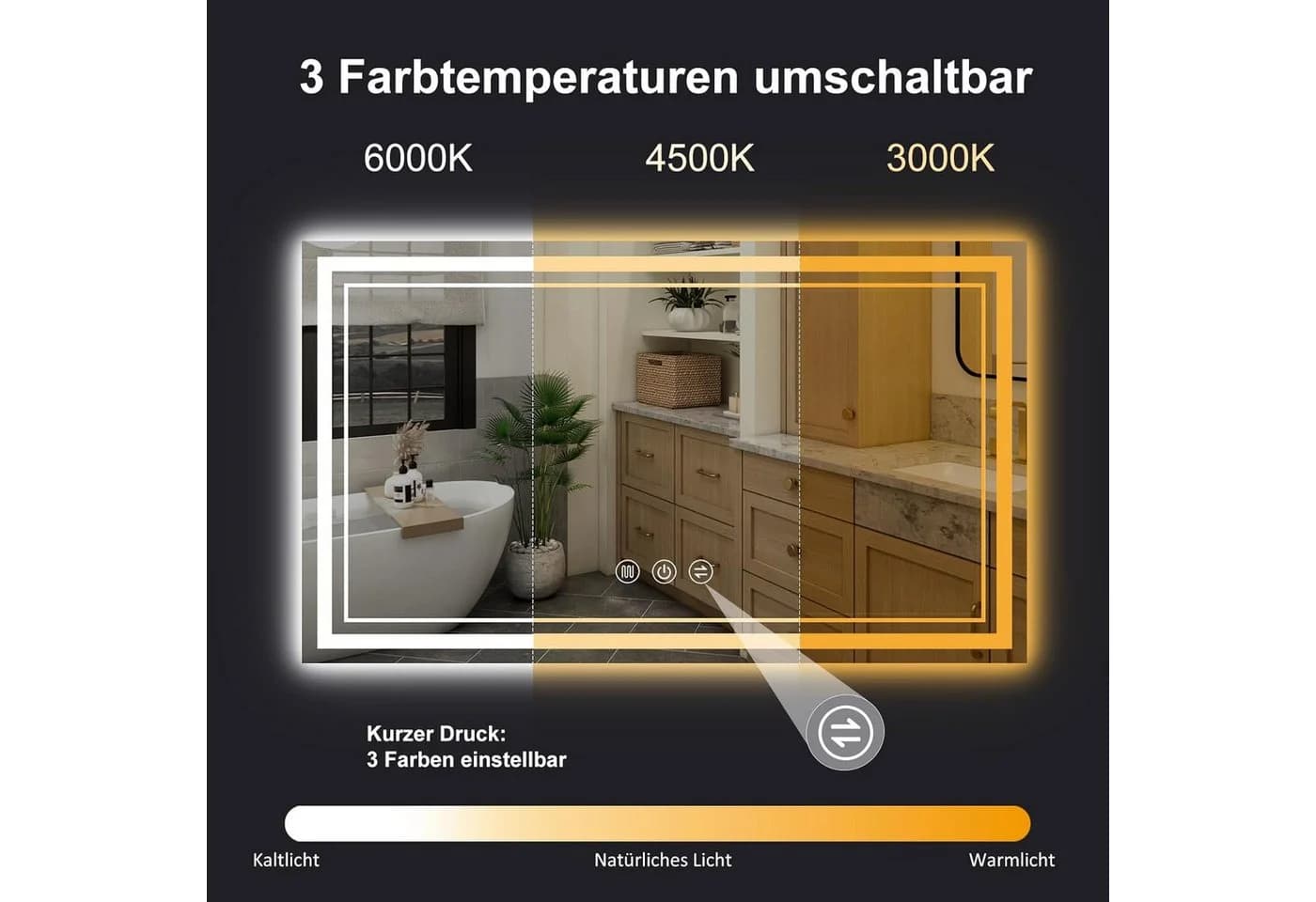 JDONG Badspiegel mit LED-Beleuchtung, Dimmbar, Antibeschlag - Bild 3