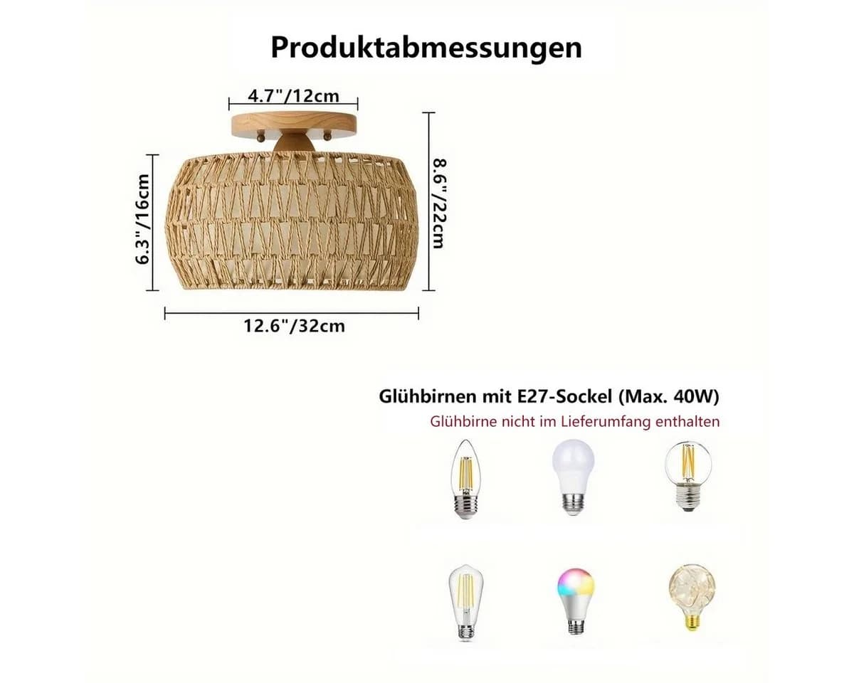 JDONG Deckenleuchte Rattan Boho Vintage E27 Hängelampe