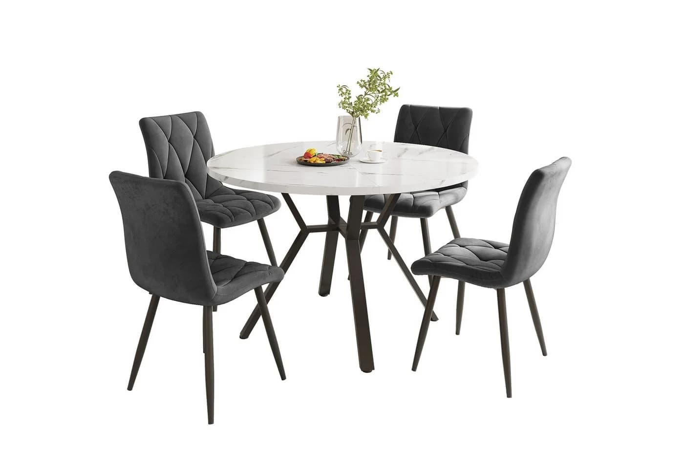 i@home Essgruppe rundes Esstisch aus Marmor mit 4 Samtstühle Grau Grün - Bild 2