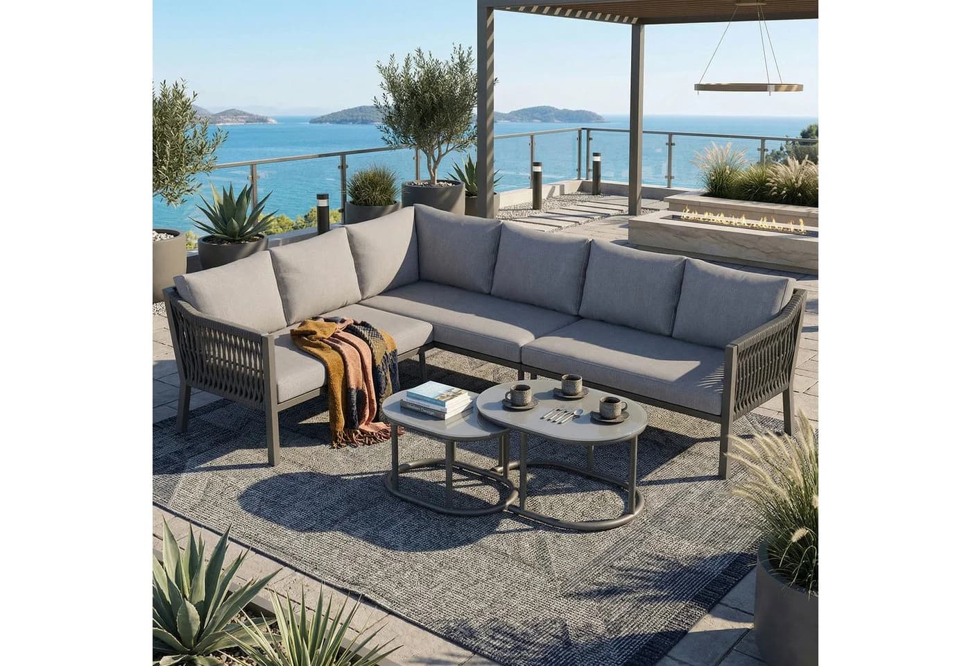 i@home Gartenlounge-Set 6-Sitzer Ecksofa Verzinktes Eisen Glastischplatte