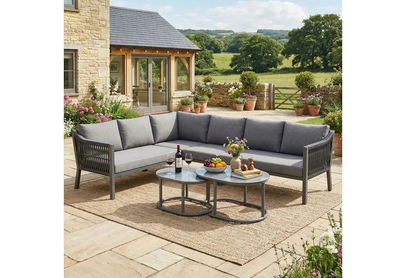 i@home Gartenlounge-Set 6-Sitzer Ecksofa Verzinktes Eisen Glastischplatte - Bild 2