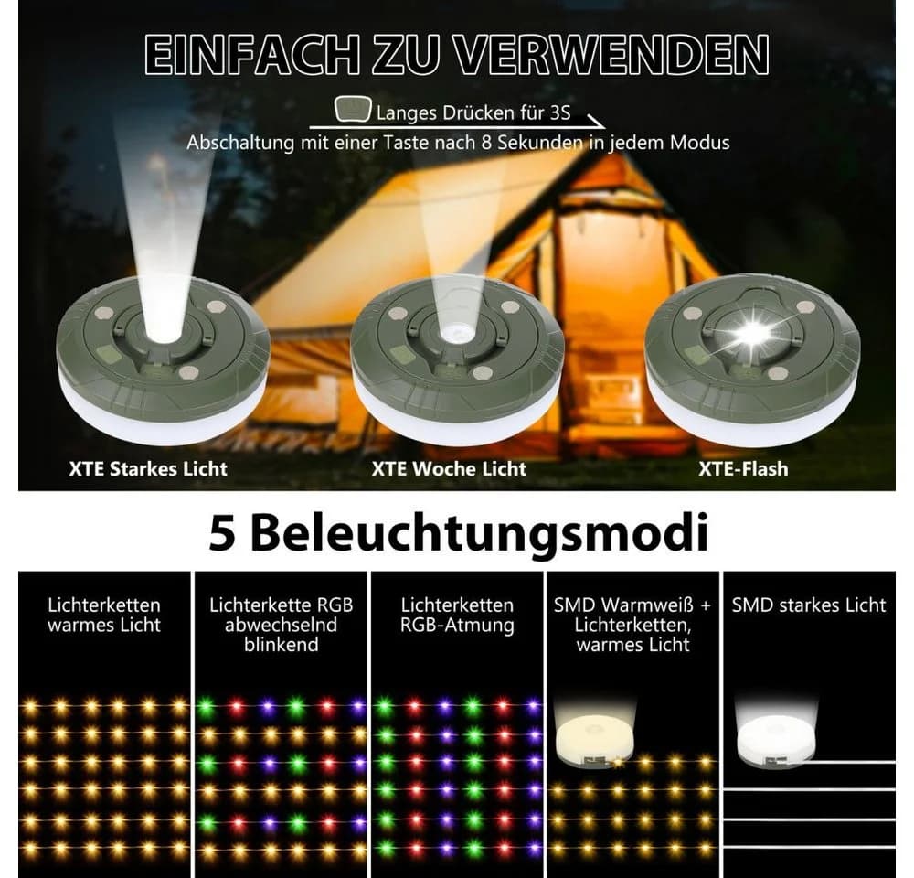PRIISF LED Lichterkette Camping 10m Aufrollbar USB Wiederaufladbar - Bild 5
