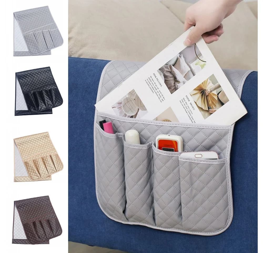 PRIISF Sesselschoner mit 5 Taschen Grau PU-Leder Sofa Organizer - Bild 2