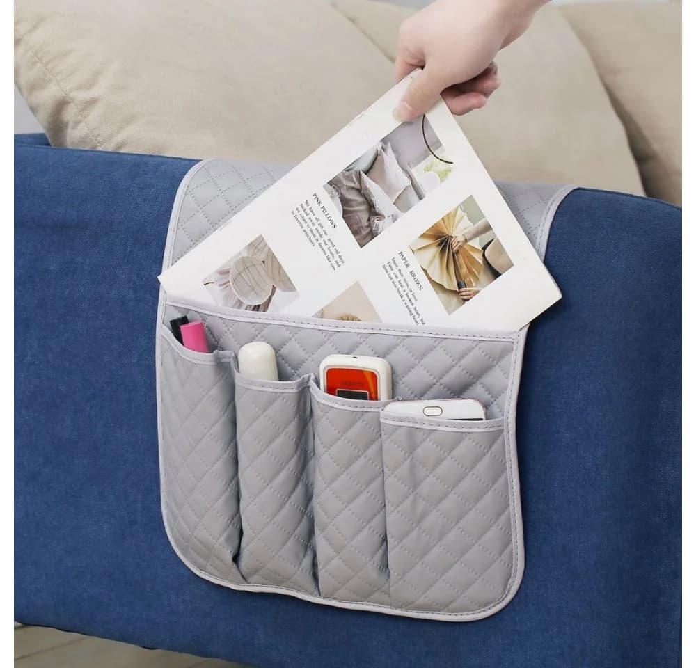 PRIISF Sesselschoner mit 5 Taschen Grau PU-Leder Sofa Organizer - Bild 3