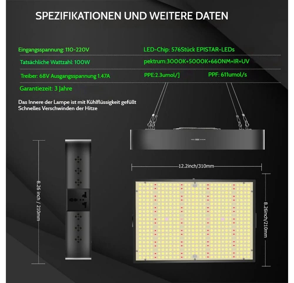 QUBEBU Pflanzenlampe 100W Vollspektrum Grow Lampe Dualmodus Indoor