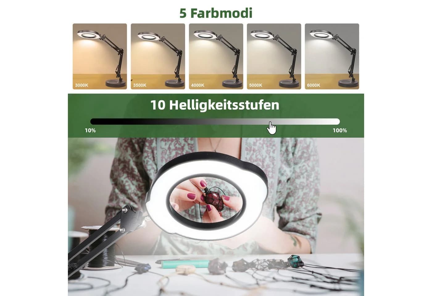 QUBEBU LED Schreibtischlampe Dimmbar 10x Lupenleuchte Schwarz