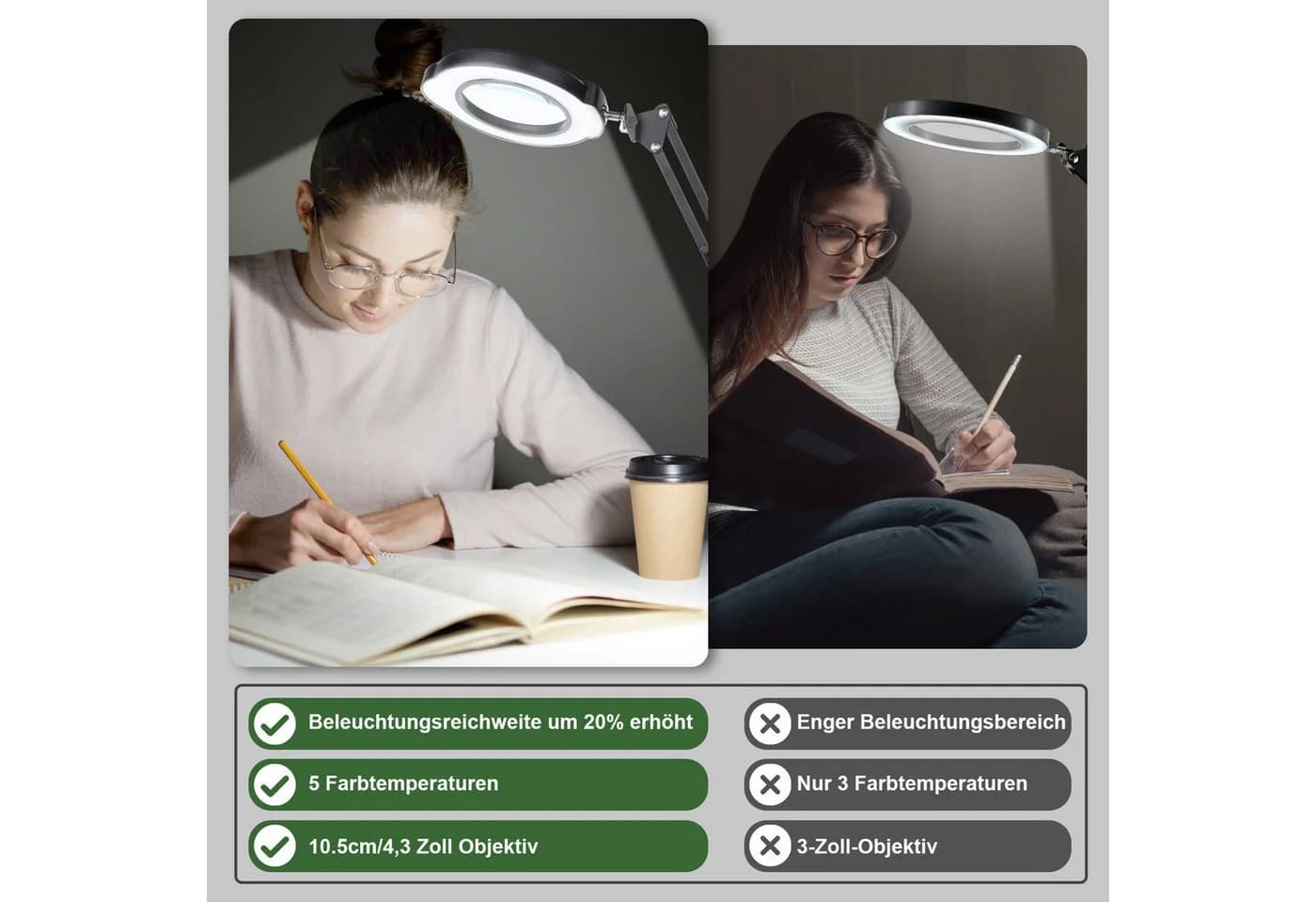 QUBEBU LED Schreibtischlampe Dimmbar 10x Lupenleuchte Schwarz - Bild 5