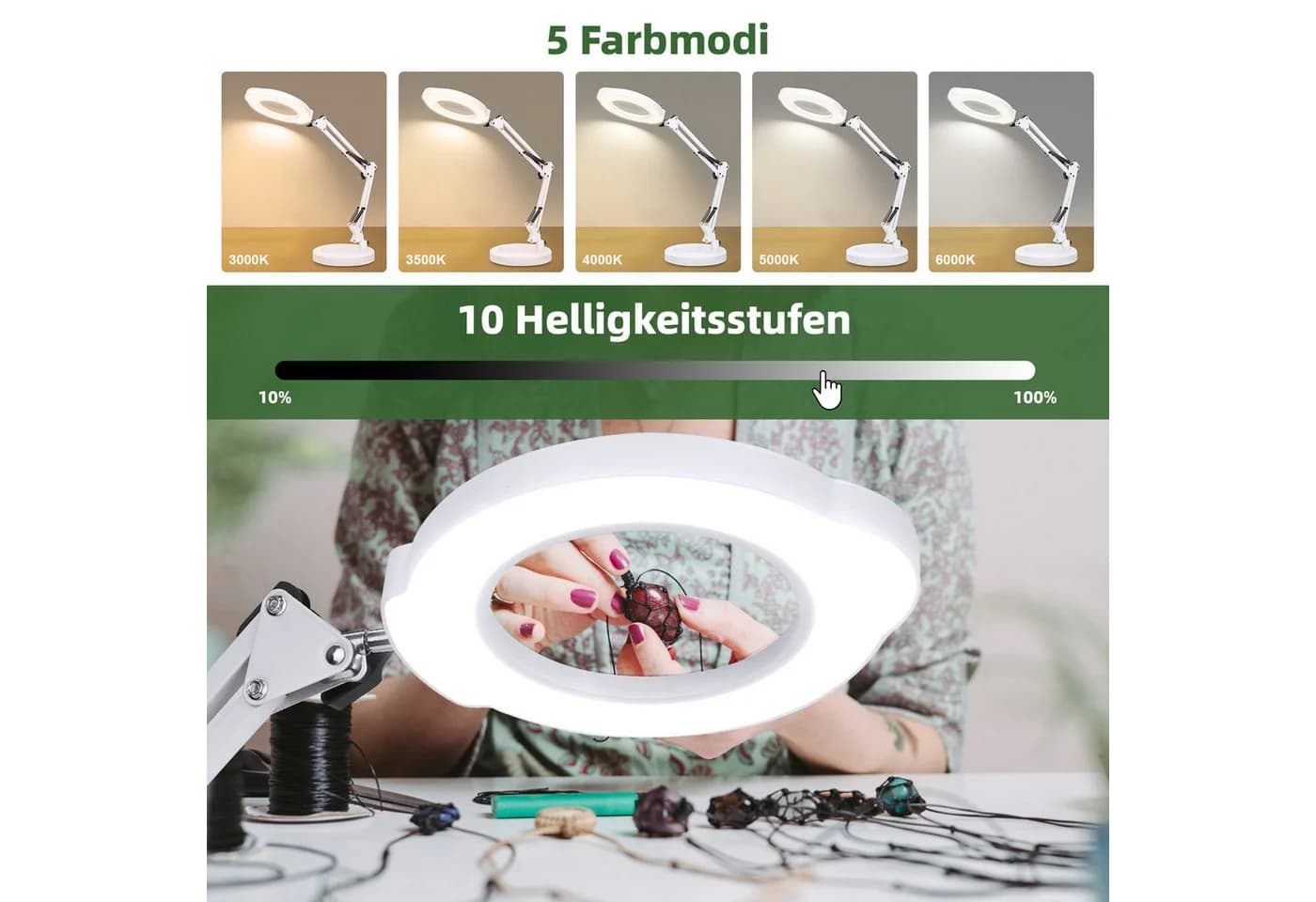 QUBEBU LED Schreibtischlampe Dimmbar 10x Lupenleuchte Weiß