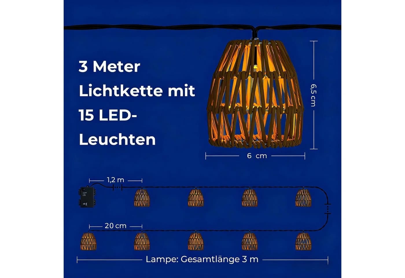 PRIISF LED-Lichterkette 15 LEDs Warmweiß Lampion