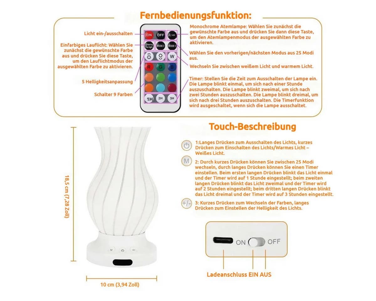 PRIISF LED Nachttischlampe Blumenvase Tischleuchte RGB Nachtlicht