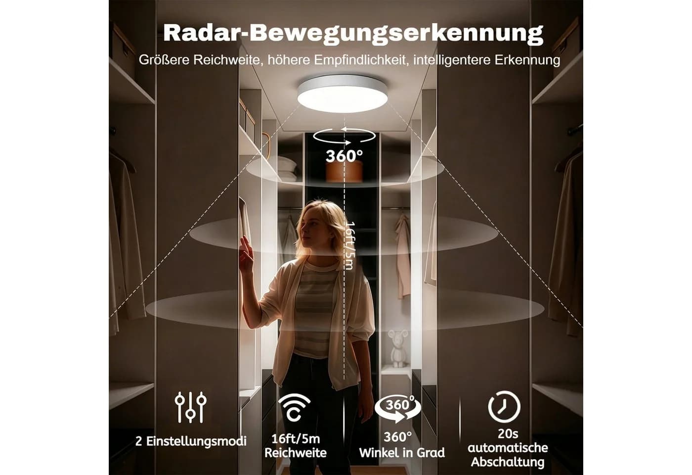 PRIISF LED Deckenleuchte mit Radar-Bewegungssensor & Akku, dimmbar, weiß - Bild 5
