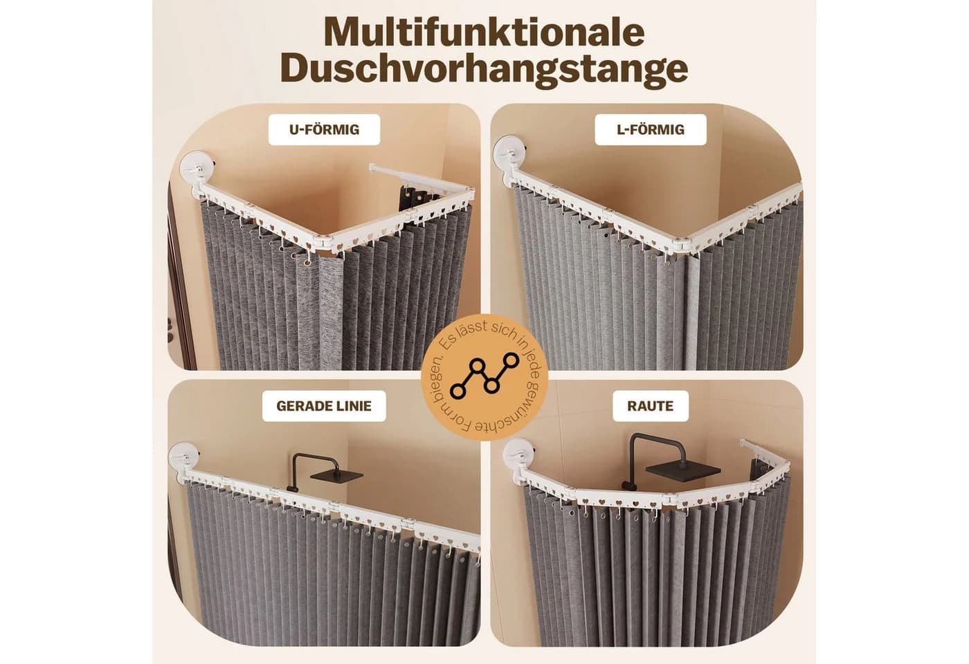 PRIISF Duschvorhangstange Faltbar Weiß Aluminium Saugnapf