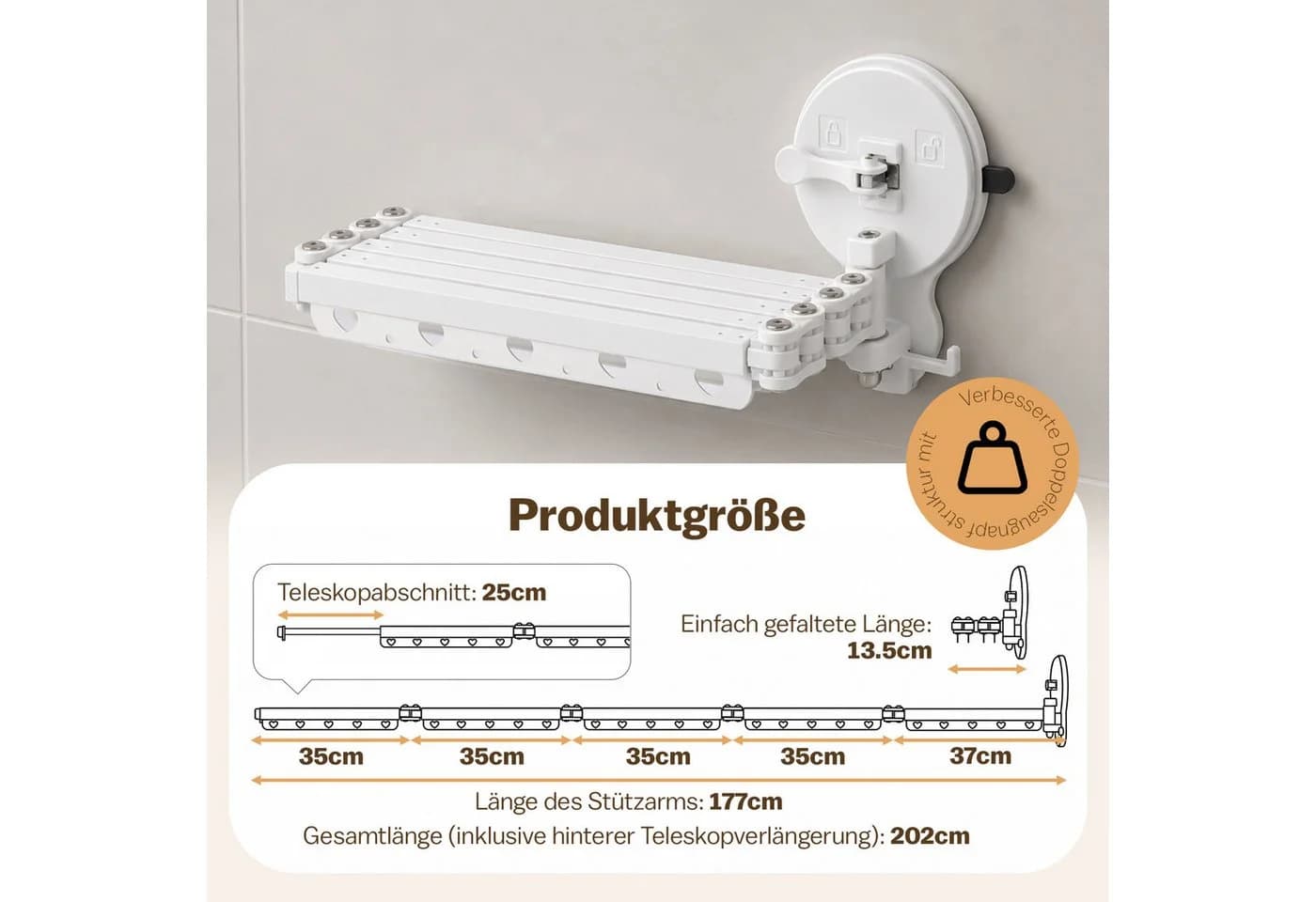 PRIISF Duschvorhangstange Faltbar Weiß Aluminium Saugnapf - Bild 3