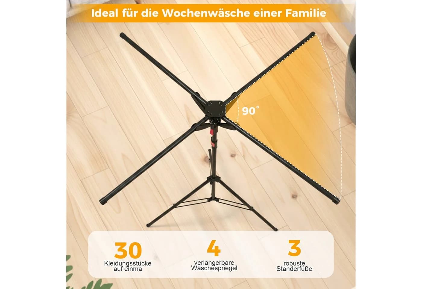 PRIISF Wäscheständer Ausziehbar Klappbar 4-Arme Standtrockner Schwarz - Bild 3