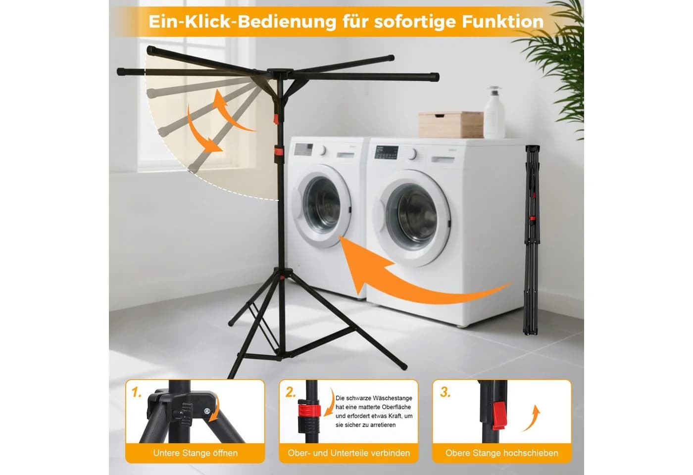 PRIISF Wäscheständer Ausziehbar Klappbar 4-Arme Standtrockner Schwarz - Bild 4