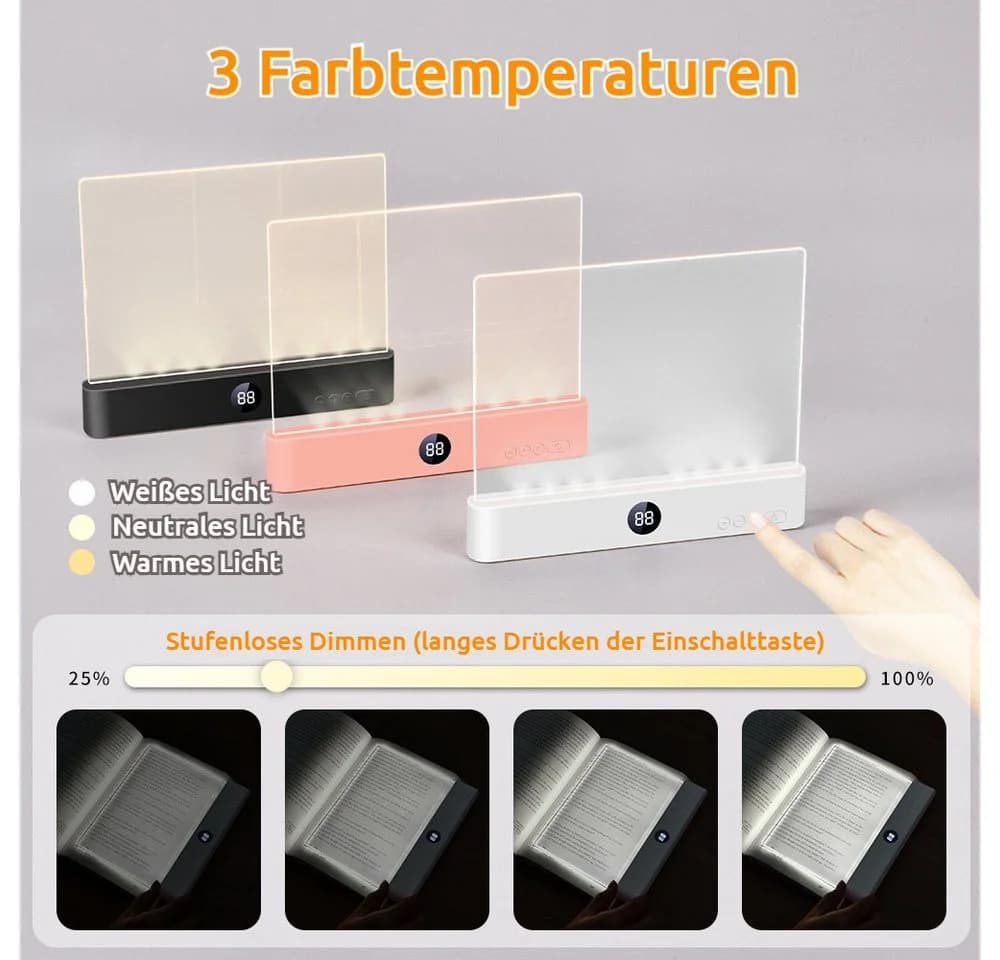PRIISF LED Leselampe Buchlicht Leselampe, 3 Lichtfarben Dimmbare LED Klemmleuchte, HD-Klar Lampentafel Ultra-Klar Geschmeidige abriebfest Lesehilfe Lampe, Lesezeichen Buchseite Licht mit Timer für Nachtlesung Im Bett - Bild 4