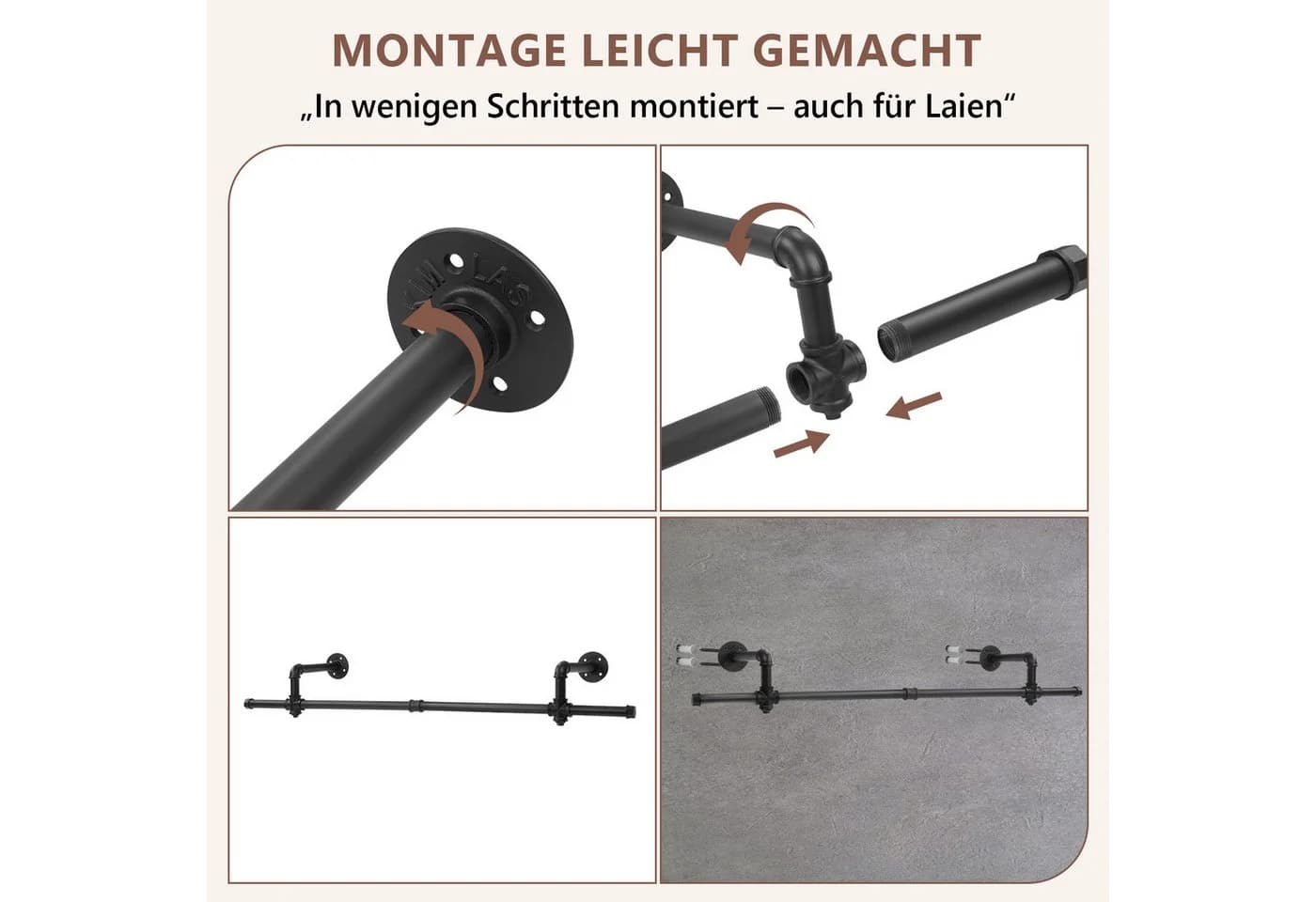Novzep Industrielle Wand-Kleiderstange Schwarz Metall Rohr - Bild 5