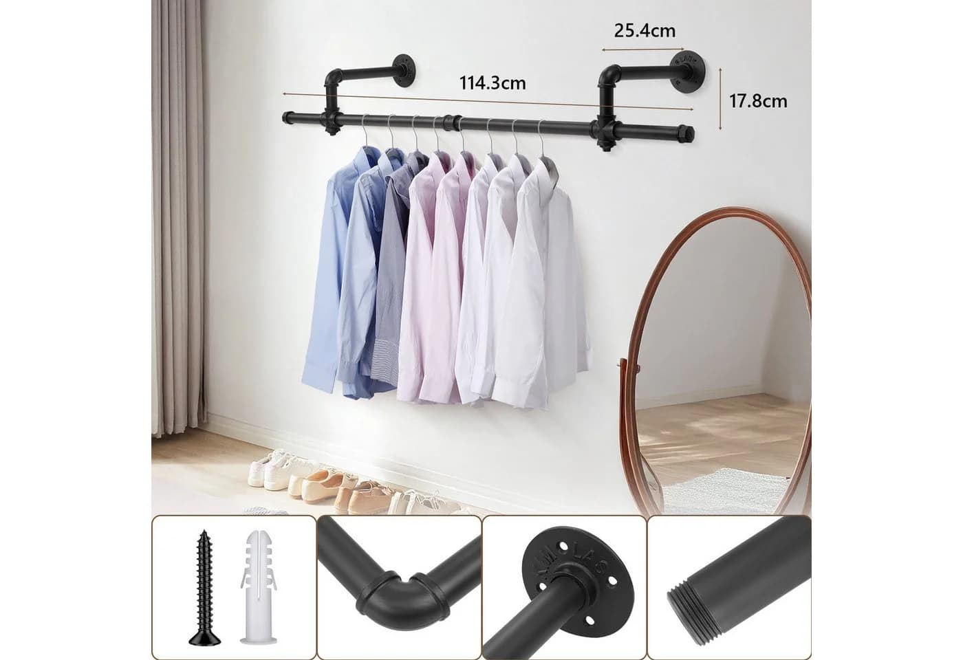 Novzep Kleiderstange Wandmontage Schwarz Industrie-Stil