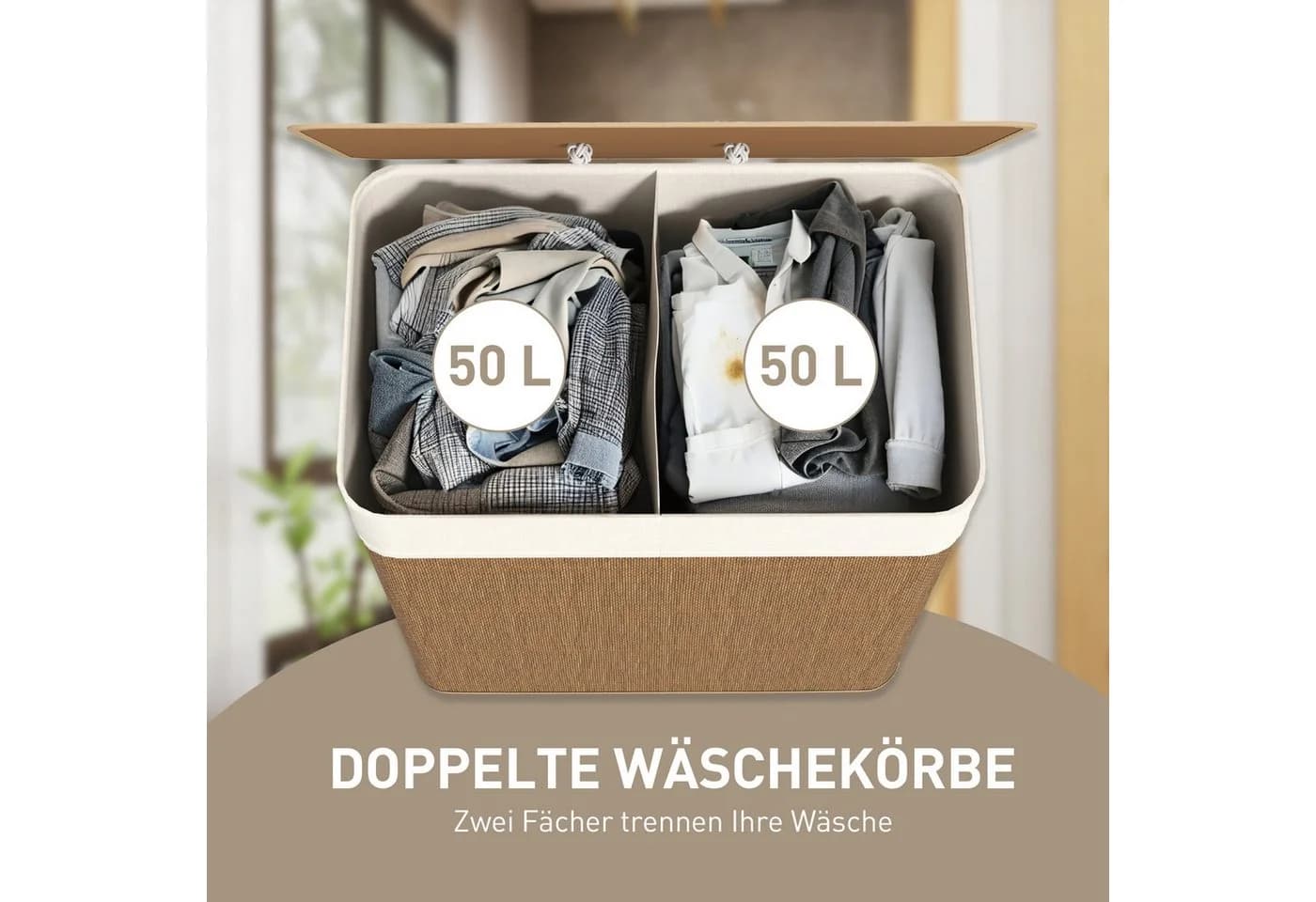Novzep Wäschekorb Bambus 100 L, 2 Fächer, Deckel, herausnehmbarer Wäschesack - Bild 4