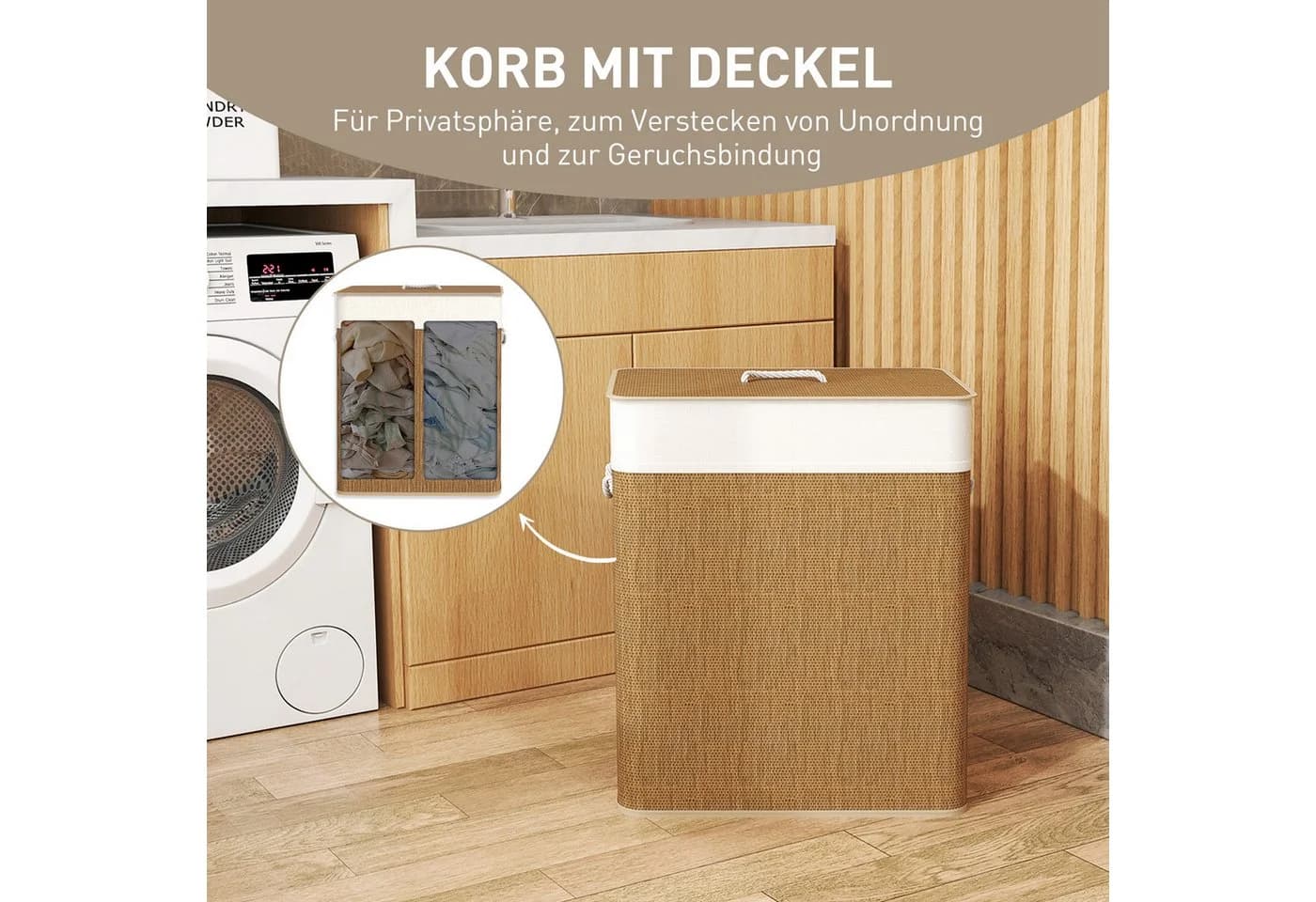 Novzep Wäschekorb Bambus 100 L, 2 Fächer, Deckel, herausnehmbarer Wäschesack - Bild 5