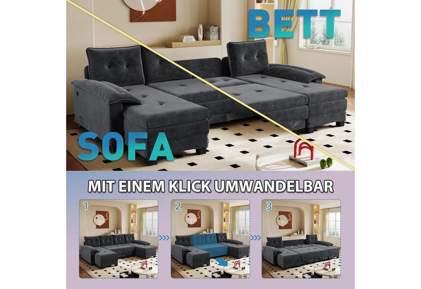 i@home U-förmiges Schlafsofa mit USB-Ladefunktion und Ausziehbett Grau