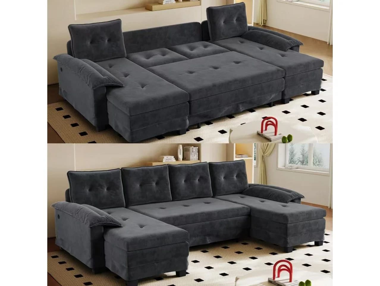 i@home U-förmiges Schlafsofa mit USB-Ladefunktion und Ausziehbett Grau - Bild 2