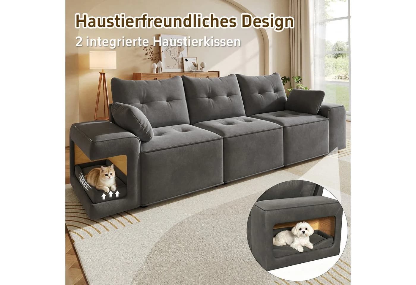 i@home 3-Sitzer Haustierfreundliches Sofa Beige mit Stauraum und Samtbezug