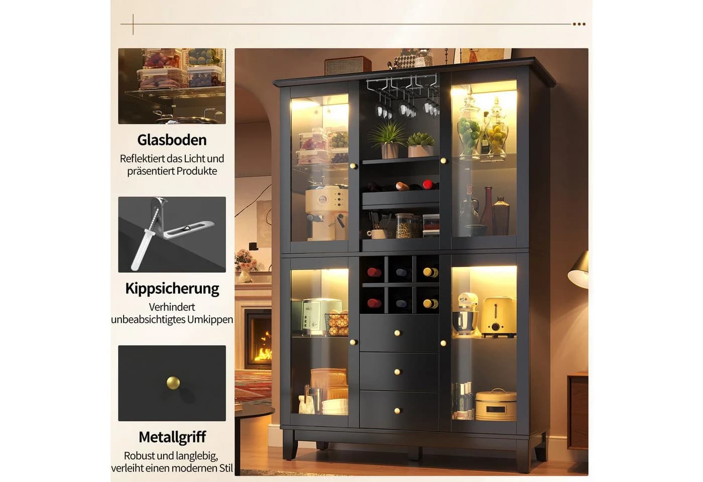 i@home Hochschrank Weinschrank mit App-gesteuerter LED, 3 Schubladen, Schwarz - Bild 5