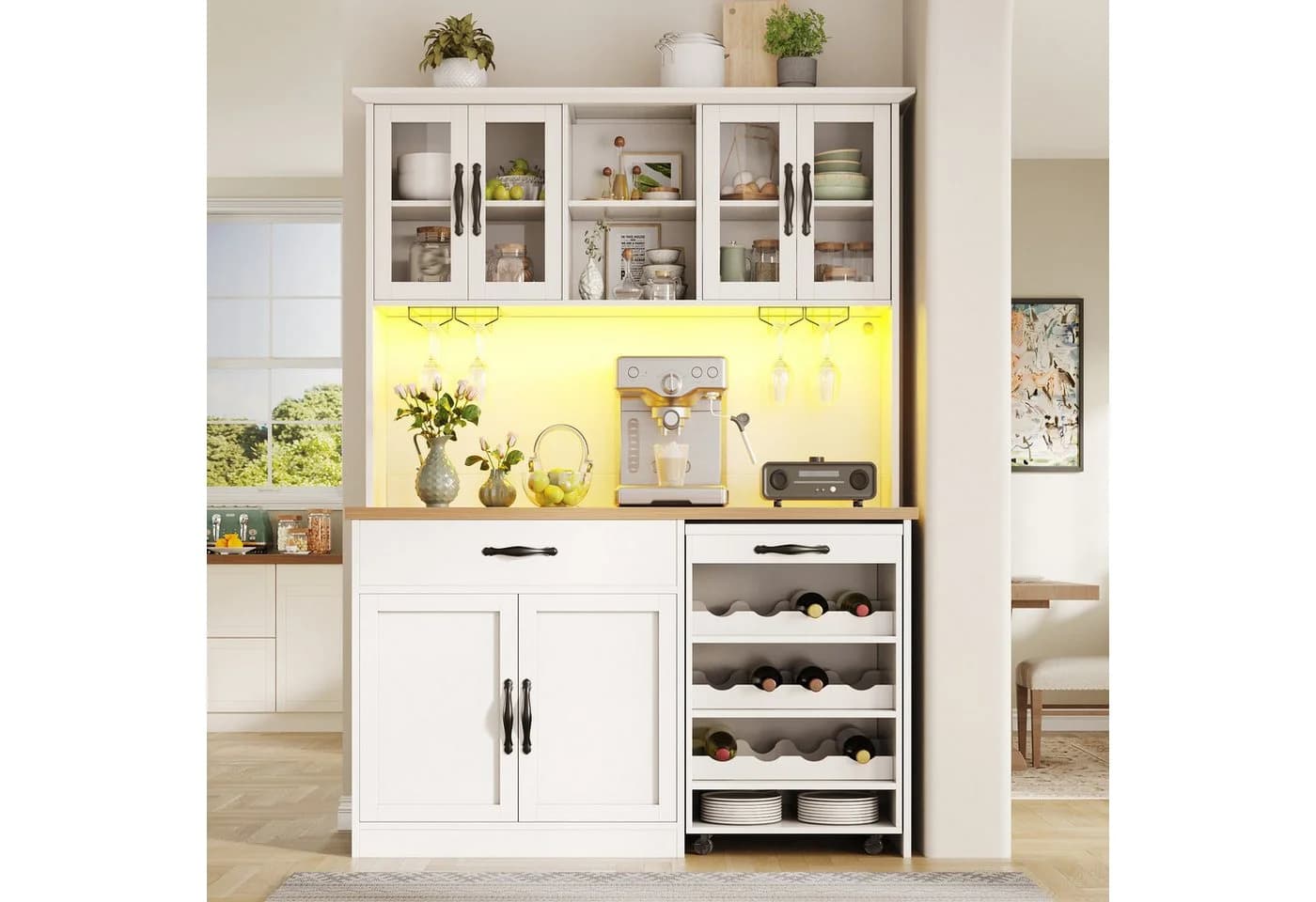 i@home Hochschrank Küchenschrank mit Rollwagen, LED-Beleuchtung und Weinregal - Bild 2