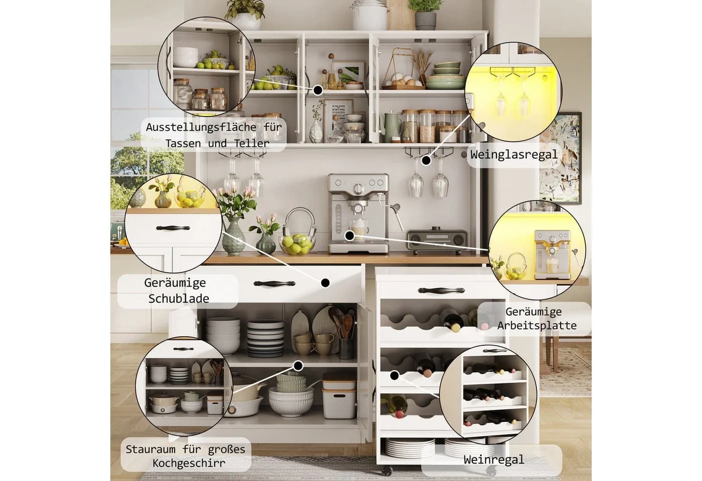 i@home Hochschrank Küchenschrank mit Rollwagen, LED-Beleuchtung und Weinregal - Bild 3