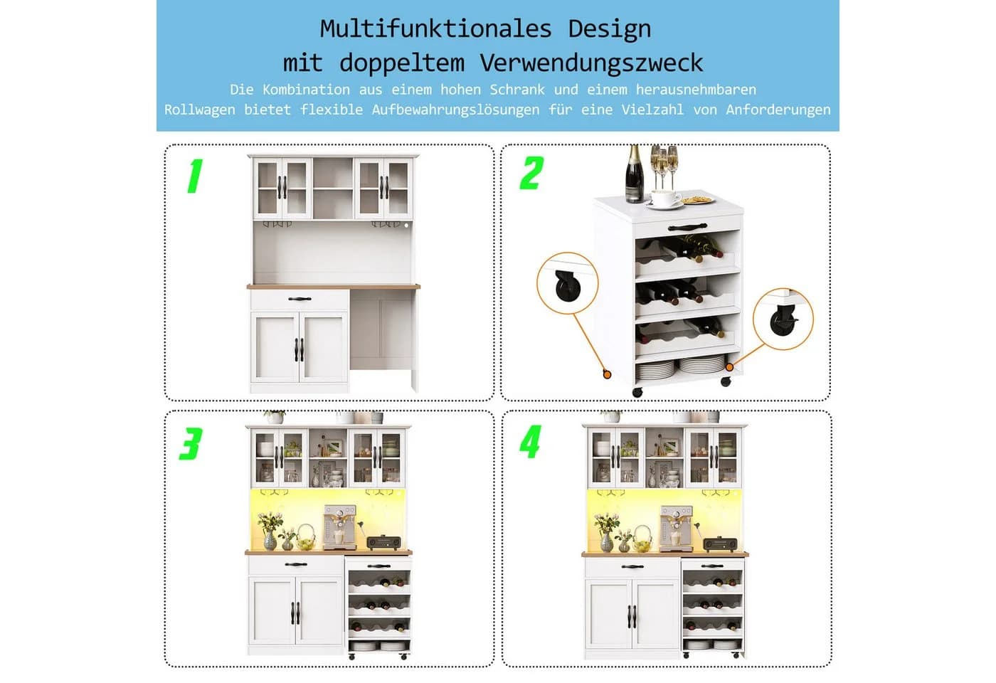 i@home Hochschrank Küchenschrank mit Rollwagen, LED-Beleuchtung und Weinregal - Bild 5