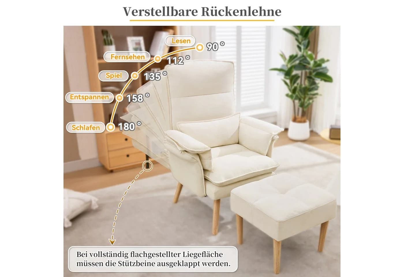 i@home Relaxsessel mit Hocker Beige 5-fach verstellbar Massivholz