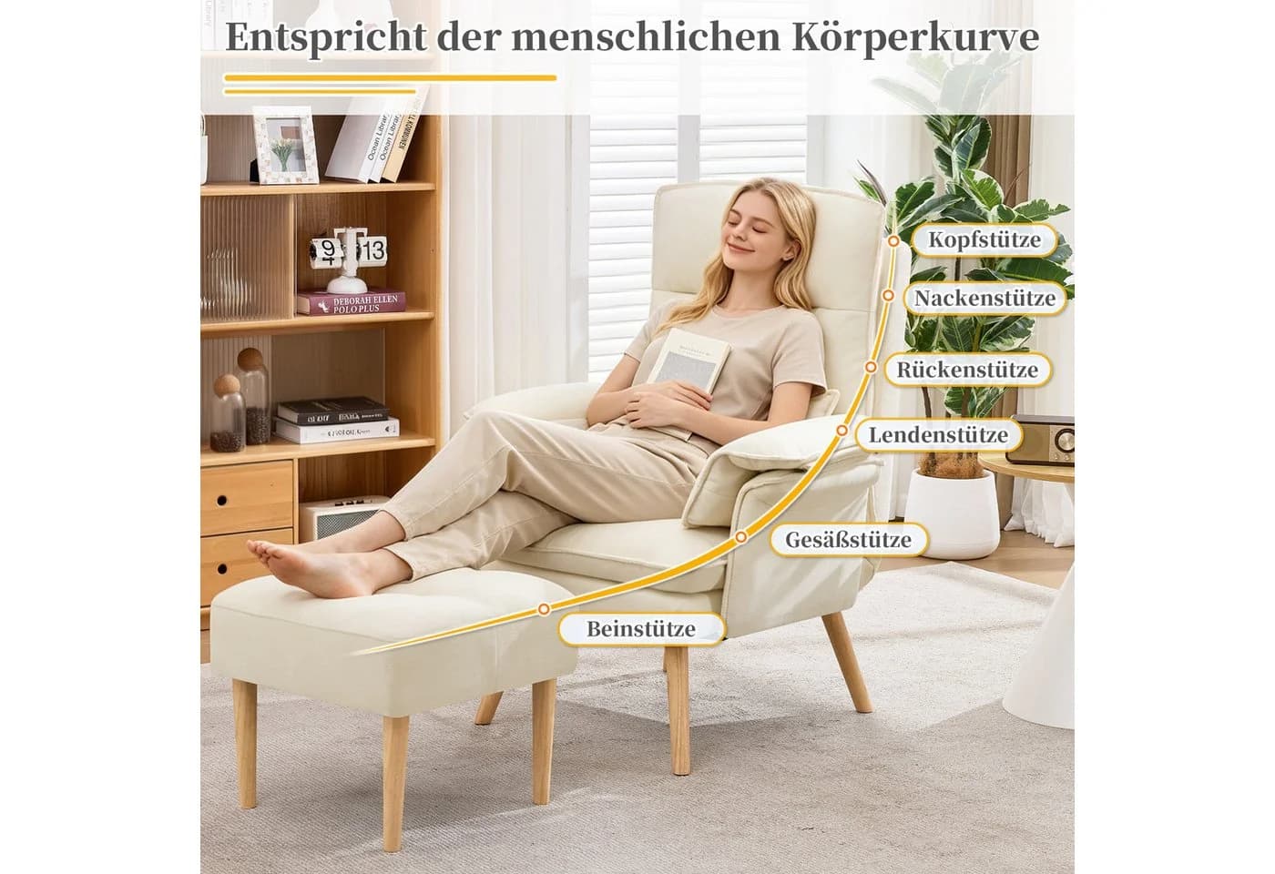 i@home Relaxsessel mit Hocker Beige 5-fach verstellbar Massivholz - Bild 3