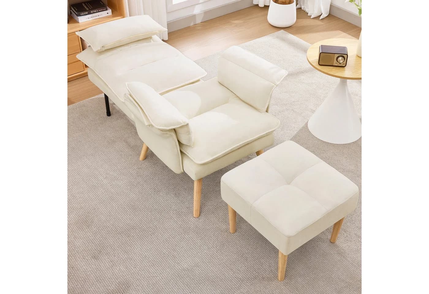 i@home Relaxsessel mit Hocker Beige 5-fach verstellbar Massivholz - Bild 4
