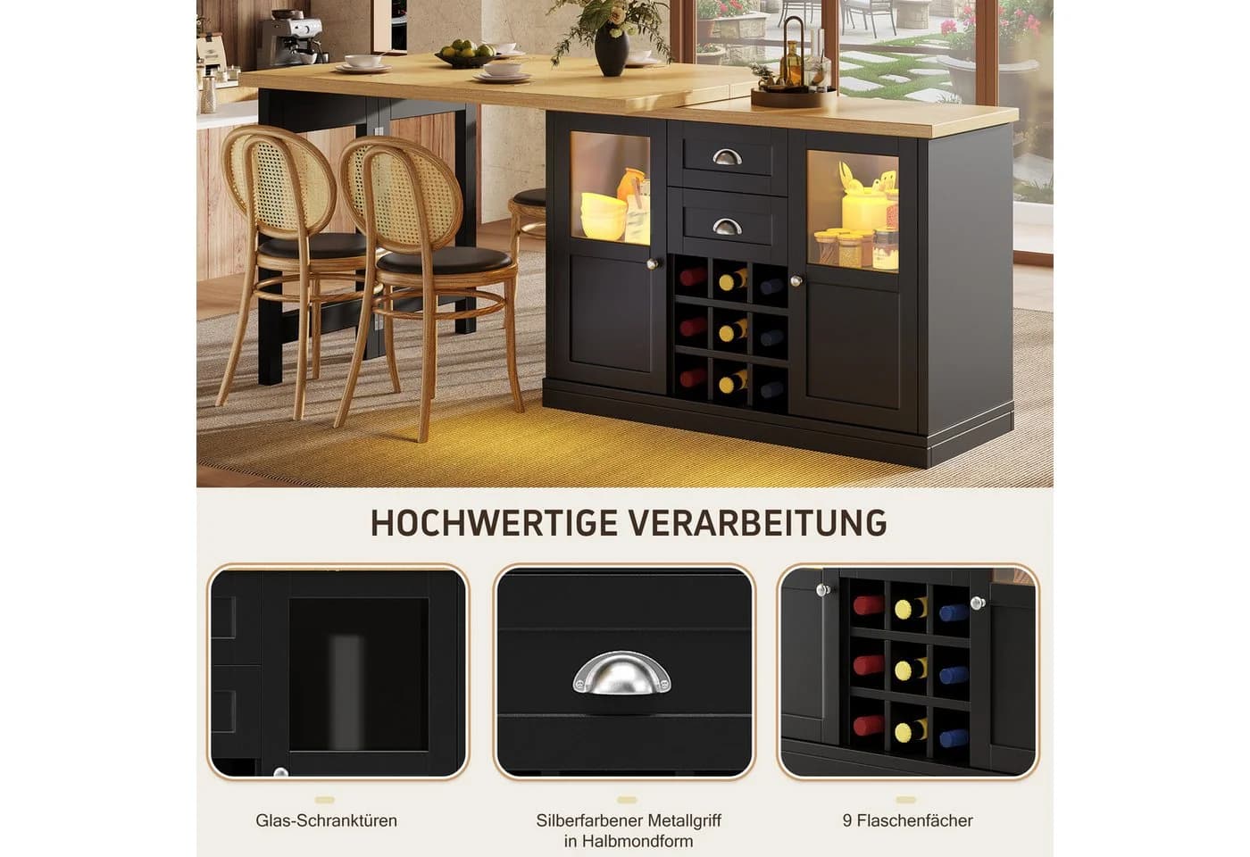 i@home Ausziehbarer Bartisch mit LED, 360° drehbar, Stauraum & Weinregal - Bild 3